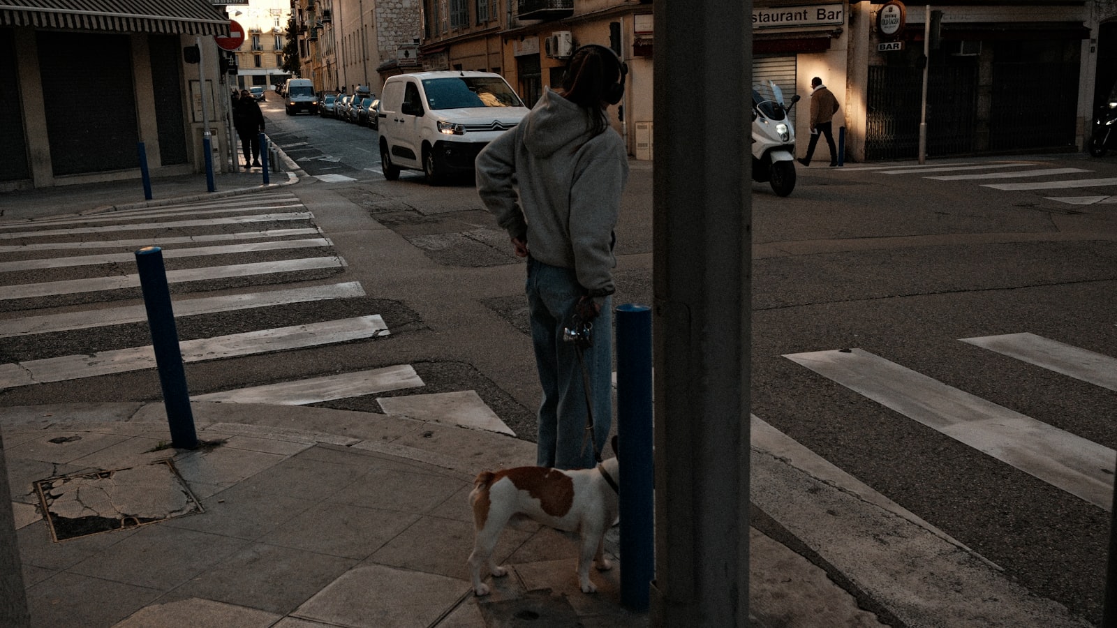 Man with dog on street corner at sunset