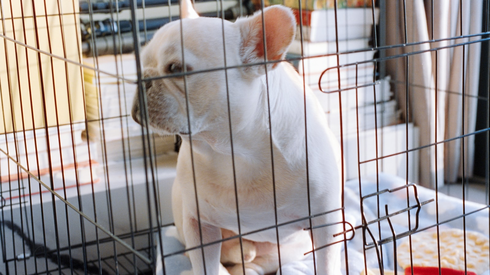 A white french bulldog sits in a cage.