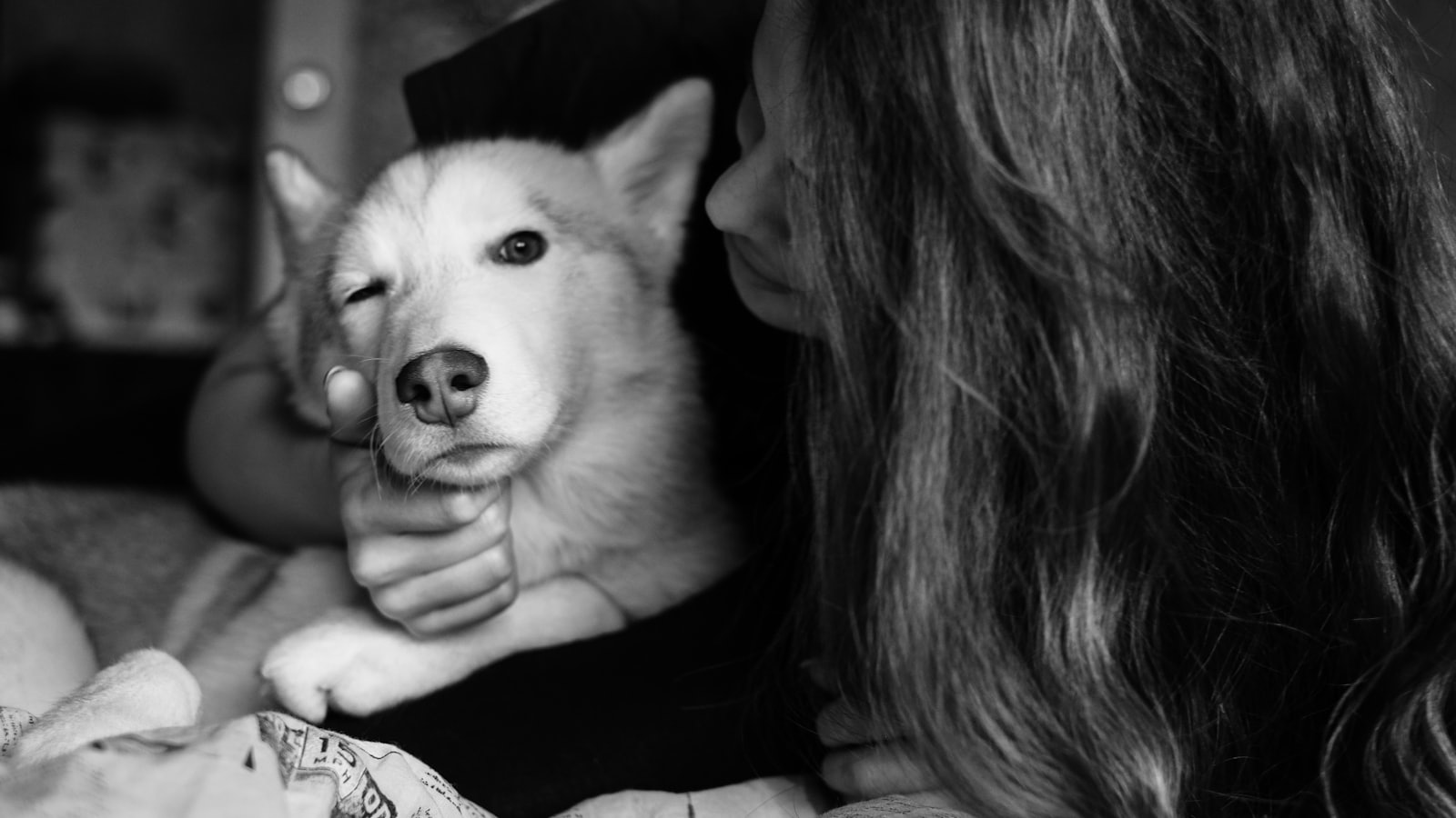 grayscale photo of woman kissing white dog
