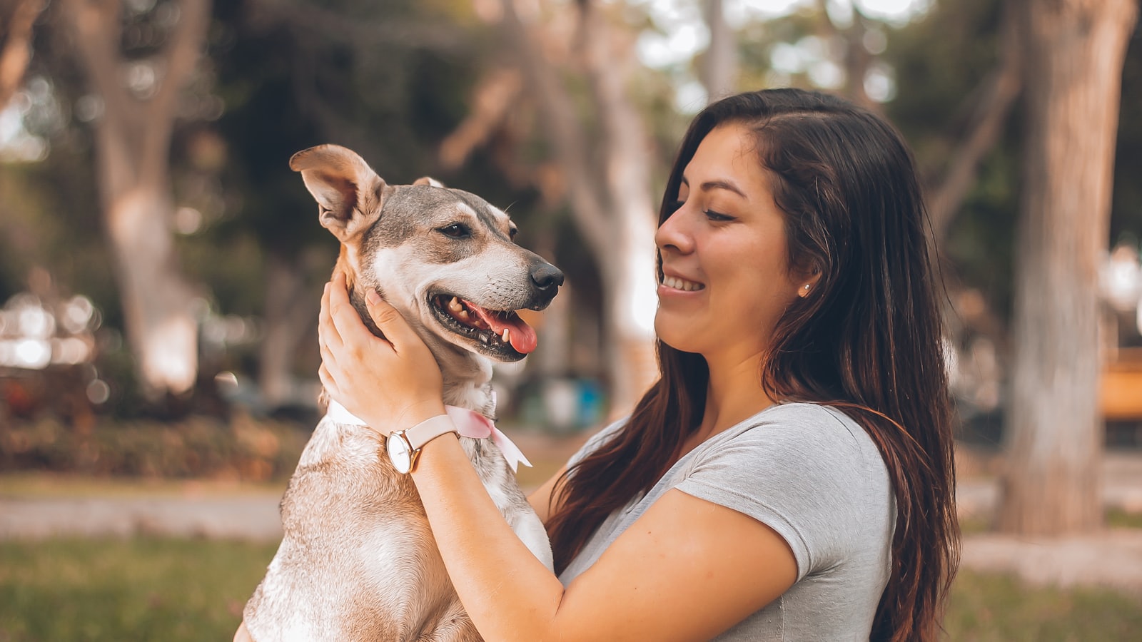 woman playing with dog