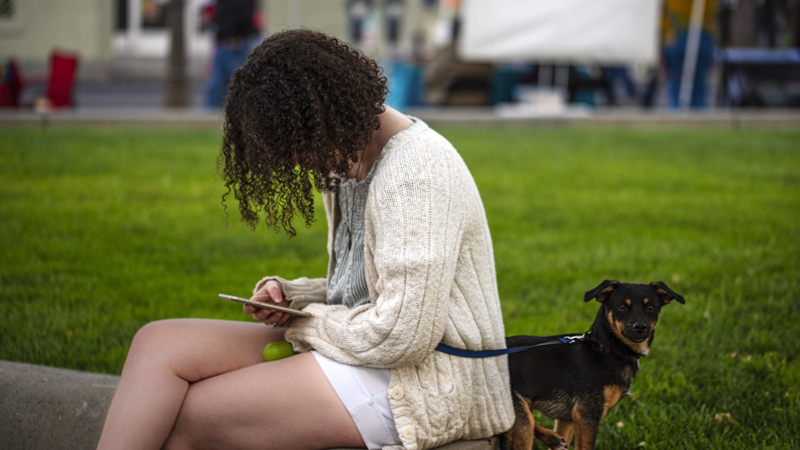 woman in white long sleeve shirt sitting beside black and brown short coated dog on green