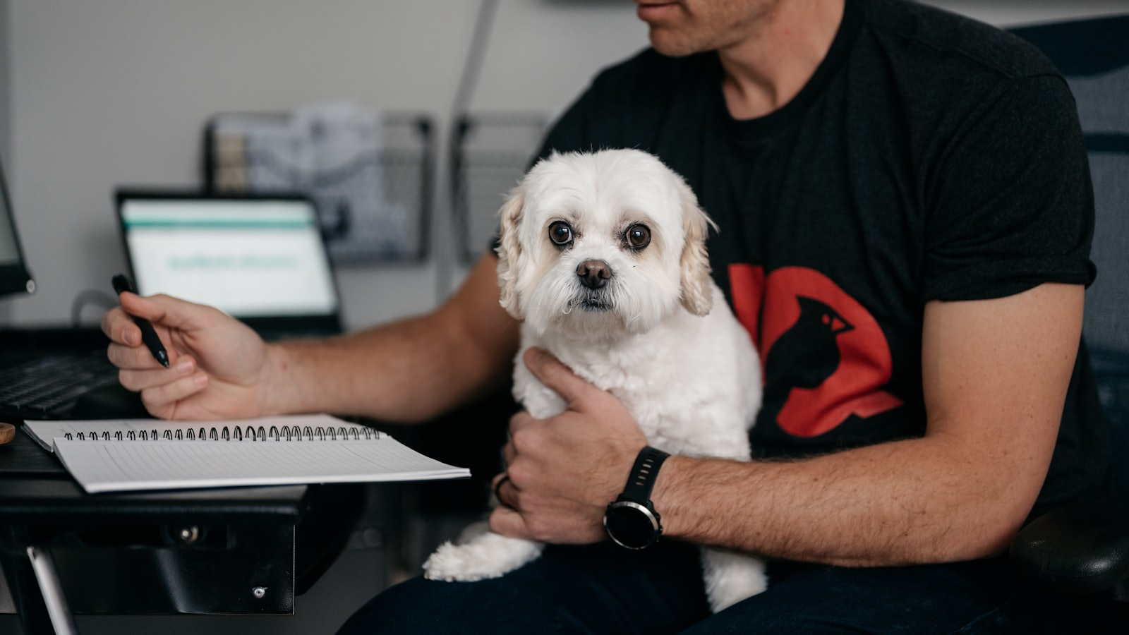 a man holding a dog